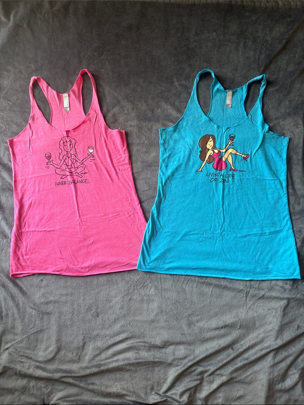 Next Level Apparel Pink & Blue Racerback Tank Tops with Punny Wine Graphics